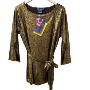 SUSAN GRAVER Womens Top Medium Gold Metallic Stretch Tunic 3/4 Sleeve w/ Belt